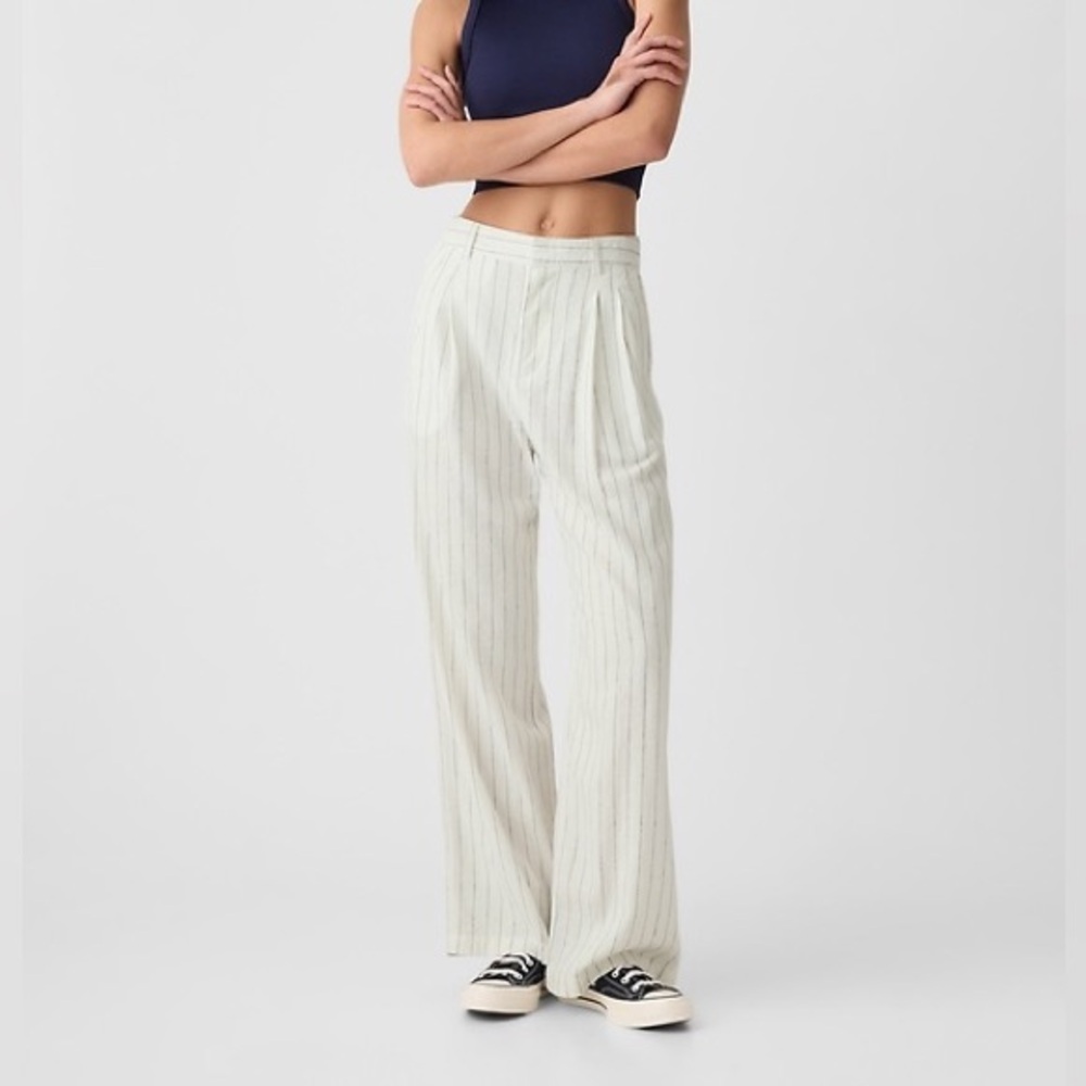 Cream & Navy Pinstripe Wide-Leg Linen-Blend Pleated Trousers – Size 16 – GAP
